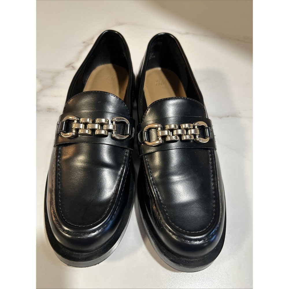 H&M Black Faux Leather Chunky Platform Gold‎ Chain Link Loafers Sz 7